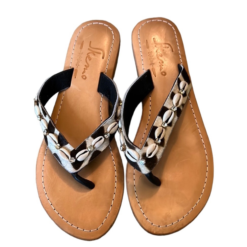 LN Skemo Savannah Leopard Embellished Leather Rhinestone Shell Slide Sandals - 7 - Picture 7 of 15